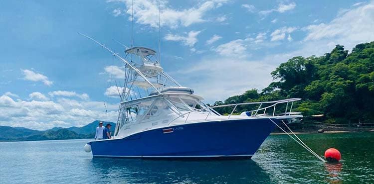 Dream Maker on her mooring, a blue-hulled sport fisher with the outriggers folded up.